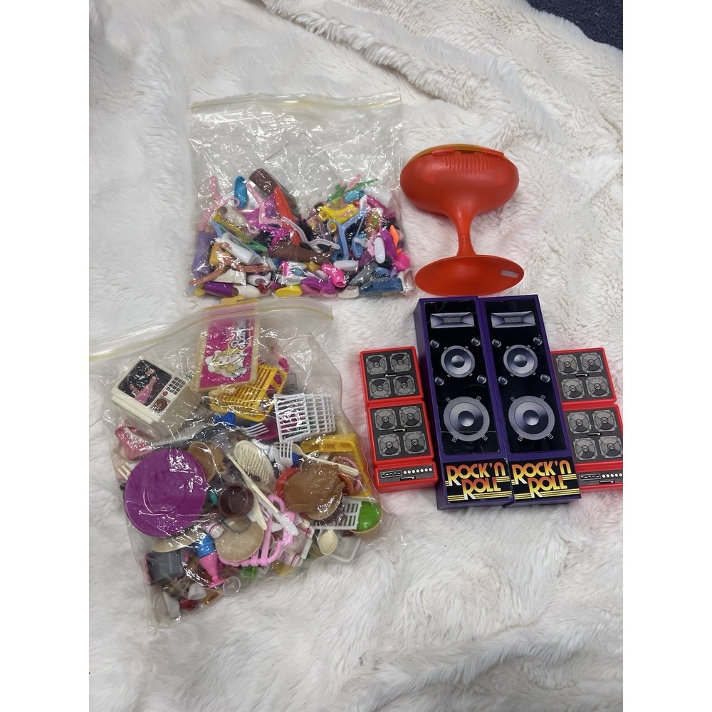 Vintage Lot Of Barbie Superstar Era Accessories Food Clothing Shoes Gem Rockers